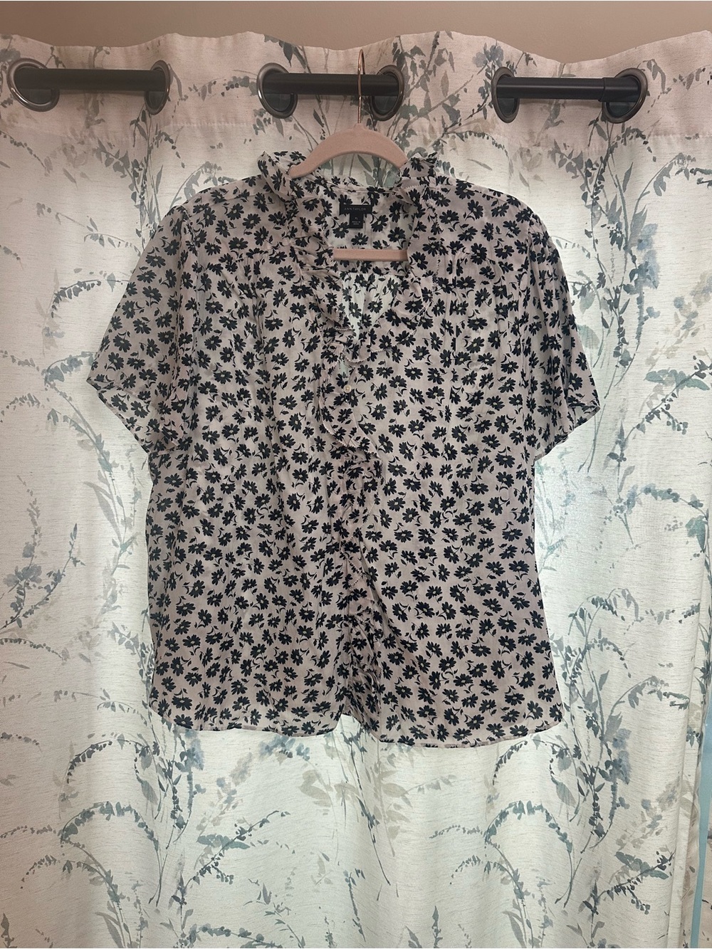 Ann Taylor Cream Blouse with Black Floral Print and Tie Neck